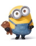 Minion Bob holding a brown teddy bear, dressed in blue overalls and goggles, with a cheerful expression, featured on a watch face.