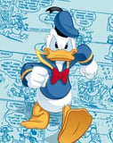 Illustration of Donald Duck in a sailor outfit with a comic strip background, featured on a watch face.