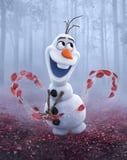 Illustration of Olaf the snowman from Frozen, surrounded by swirling red autumn leaves in an enchanted forest, featured on a watch face.