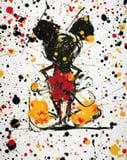 Abstract art interpretation of Mickey Mouse in black, red, and yellow splattered paint, featured on a watch face.