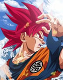 Illustration of Goku in his Super Saiyan God form with fiery red hair and a determined stance, featured on a watch face.