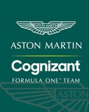 A watch face featuring the Aston Martin Formula 1 team logo with Cognizant branding on a green background.