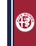 A watch face featuring the Alfa Romeo logo with a bold red background and navy and white stripes.