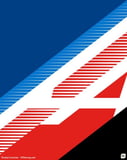 A watch face featuring the Alpine Formula 1 logo with bold red, blue, and white diagonal racing stripes.