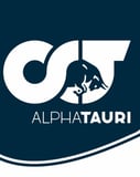 A watch face featuring the AlphaTauri Formula 1 logo on a dark blue background with sleek white accents.