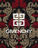 A watch face featuring the Givenchy logo on an ornate black, red, and gold patterned background.