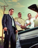 A watch face featuring the iconic GTA V trio—Michael, Franklin, and Trevor—standing near a classic car.