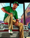 A watch face featuring Lamar from GTA V sitting on a classic car with vibrant street art in the background.