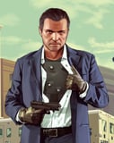A watch face featuring Michael from GTA V in a suit, revealing body armor and holding a pistol against a sunny Los Santos backdrop.