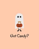Cute ghost holding a pumpkin candy bucket with "Got Candy?" text on a peach background, displayed on a watch face.