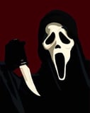Illustration of the Ghostface character holding a knife against a deep red background, evoking a classic horror vibe, displayed on a watch face.
