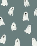 Playful pattern of white ghosts floating on a muted green background, creating a cute and festive Halloween aesthetic, displayed on a watch face.