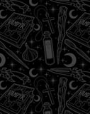 Seamless Gothic pattern featuring vampire essentials like garlic, stakes, crosses, and mystical symbols on a black background, displayed on a watch face.