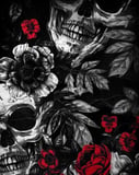 Detailed illustration of skulls with vibrant red roses and dark foliage on a textured black background, displayed on a watch face.