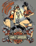 Bold vintage illustration featuring two pin-up models, Harley-Davidson branding, tools, and motorcycle parts on a retro-themed background, displayed on a watch face.