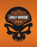 Harley-Davidson logo integrated into a bold black skull design on an orange background, featured on a watch face.