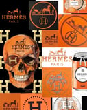 Hermès-inspired collage with iconic logos, orange tones, and creative design elements