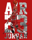 Illustration of Michael Jordan in action wearing his Chicago Bulls uniform, displayed on a vibrant red background with bold lettering and signature, featured on a watch face.