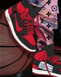 Illustration of red and black high-top basketball sneakers paired with designer-inspired leggings on a basketball court, designed for a watch face.