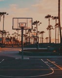 A basketball court at Venice Beach with palm trees silhouetted against a vibrant sunset, designed for a watch face.