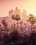 The Los Angeles skyline at sunset, framed by palm trees, with warm golden hues, designed for a watch face.