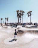 Skaters at the Venice Beach skate park with palm trees and a bright blue sky, designed for a watch face.