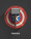 Thundershield watch face displaying Mjolnir (Thor’s hammer) placed on Captain America’s shield over a dark background.