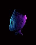 Baby Groot watch face displaying a neon-styled side profile in vibrant blue and purple on a black background.
