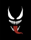 Venom watch face displaying the iconic menacing eyes, fangs, and extended red tongue on a black background.