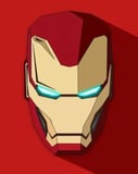 Iron Man minimalist watch face displaying a stylized helmet design with glowing blue eyes on a bold red background.