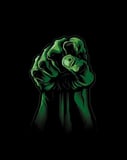 Hulk Smash watch face displaying a bold green clenched fist on a black background, symbolizing strength and power.