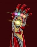 Iron Man Nano Gauntlet watch face displaying the red and gold gauntlet with glowing Infinity Stones on a bold red background.