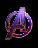 Avengers logo watch face displaying the metallic "A" emblem in purple and gold on a sleek black background.