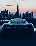 Rear view of the Maserati MC20 supercar at sunset, with Dubai’s skyline in the background, designed for a stylish watch face theme.