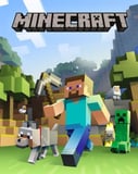Steve, Creepers, and a wolf in the iconic pixelated Minecraft world with the game logo, featured on a watch face.