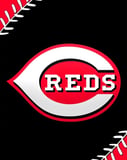 The Cincinnati Reds logo on a black background with white and red baseball stitching details, designed for a watch face.