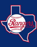 Texas Rangers watch face featuring the team’s logo, a baseball design, and the state of Texas outline on a blue background.