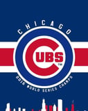 Chicago Cubs watch face with the team logo, bold red and blue stripes, and a “2016 World Series Champs” design on a blue background.