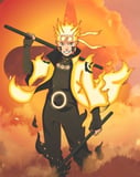 Illustration of a fiery warrior with golden flames, wielding dual black staffs, set against a blazing background, featured on a watch face.