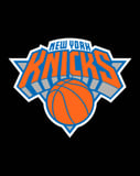 New York Knicks logo featuring a basketball with a bold blue and orange design, displayed on a watch face.