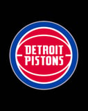 Detroit Pistons logo featuring a red basketball with white text and a blue circular border, displayed on a watch face.