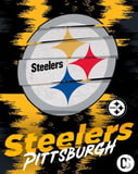 Pittsburgh Steelers logo featuring a circular design with three star-like symbols in red, blue, and yellow, displayed on a black and gold textured background on a watch face.