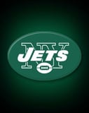 New York Jets logo featuring a green oval with bold white text and a football emblem, displayed on a watch face.