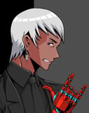 Cyberpunk anime character with silver hair, a robotic red cyber-hand, and a black suit, featured on a watch face.