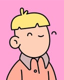 Minimalist cartoon character with blonde hair, a cheerful expression, and a pink background, featured on a watch face.
