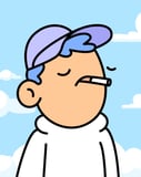 Minimalist cartoon character with blue hair, a pastel cap, and a relaxed expression, featured on a watch face.