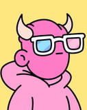 Minimalist cartoon character with pink skin, horns, white 3D glasses, and a pink hoodie, featured on a watch face.