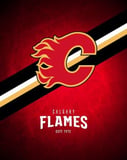 Calgary Flames logo with a red, black, and gold background, featured on a watch face.