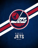 Winnipeg Jets logo with a blue, red, and white background, featuring a hockey stick and jet silhouette, displayed on a watch face.
