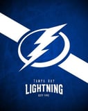Tampa Bay Lightning logo with a blue and white background, featuring a striking lightning bolt, displayed on a watch face.